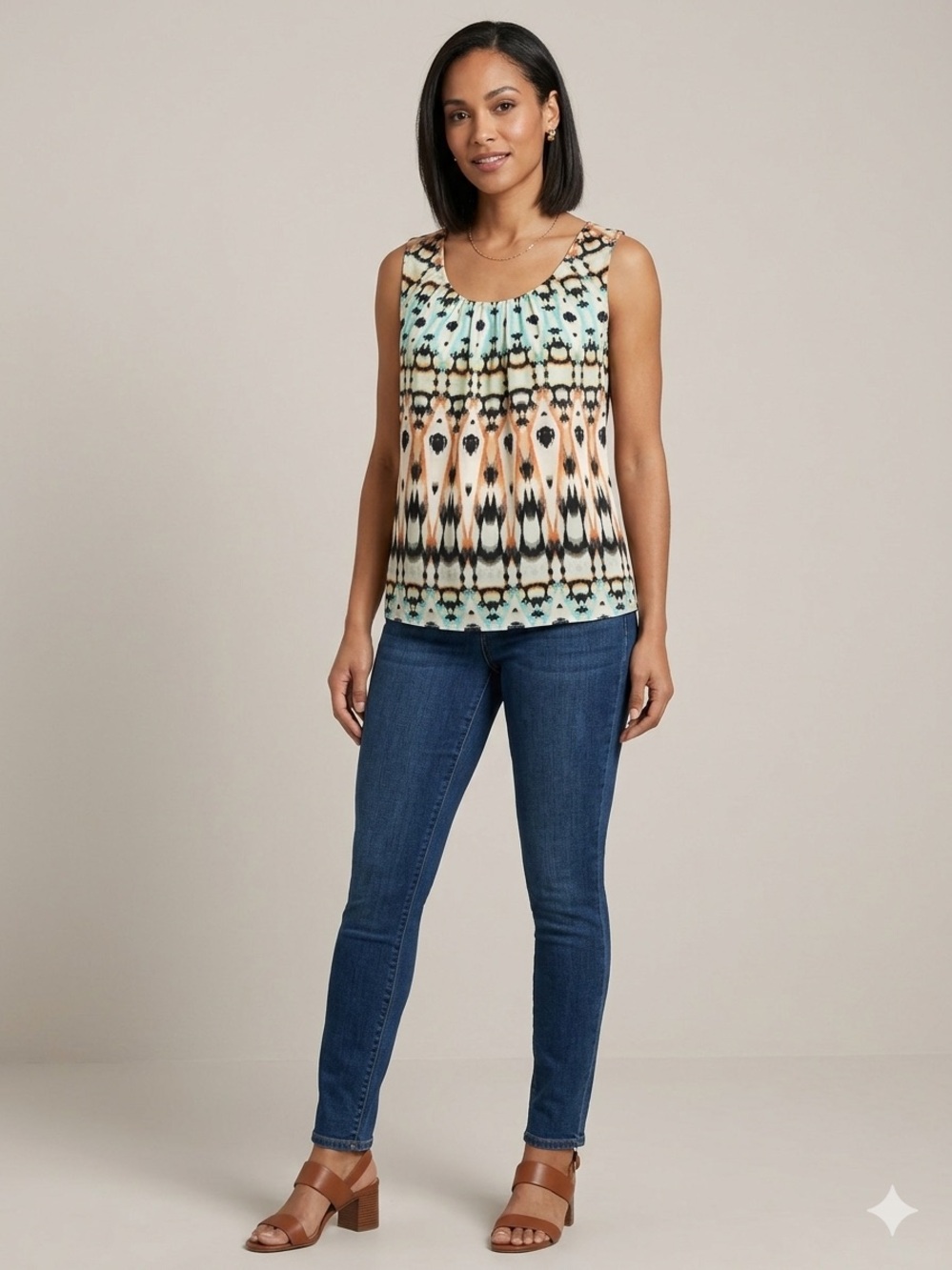 Chico's Geometric Ikat Print Sleeveless Pleated Neck Blouse - Size 1